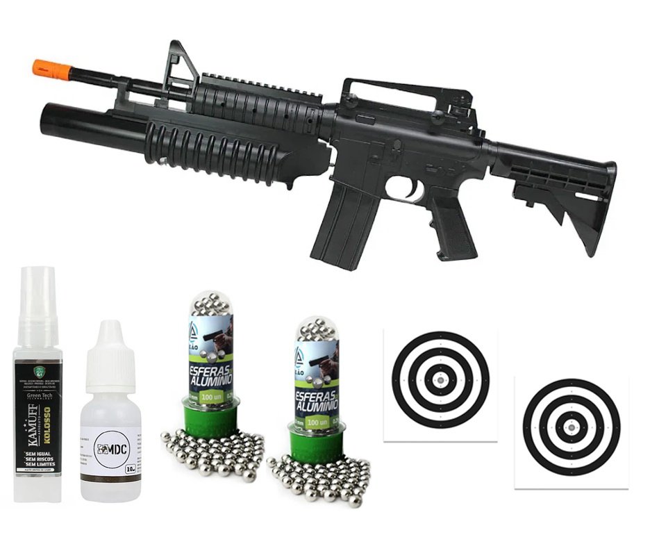 Rifle de Pressão M4A1 Spring Cal 6mm esfera alumínio KWC - Rossi + Capa + Alvos + BBS + Kamuff + Óleo de Silicone