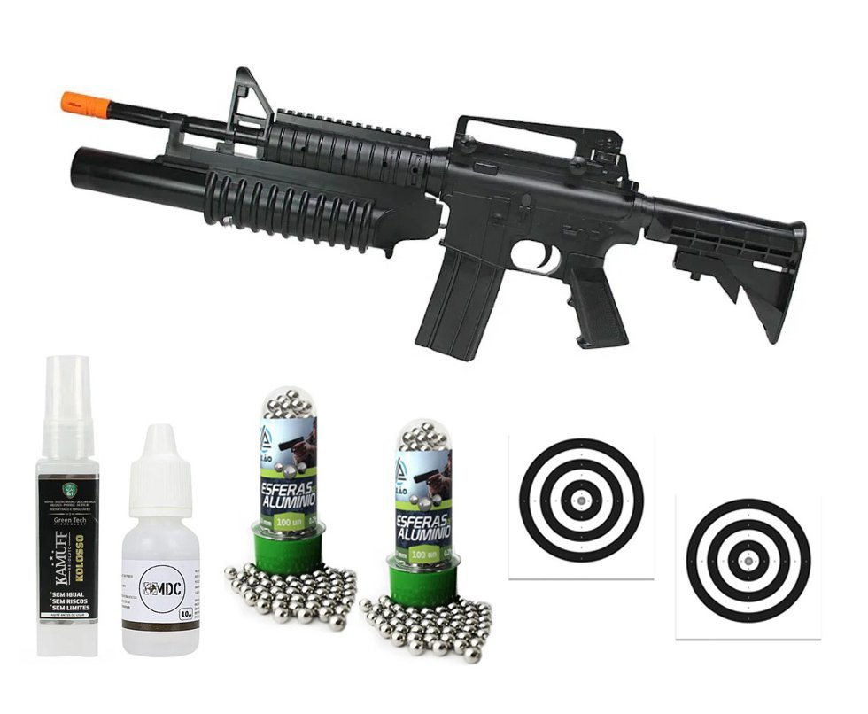 Rifle de Pressão M4A1 Spring Cal 6mm esfera alumínio KWC - Rossi + Capa + Alvos + BBS + Kamuff + Óleo de Silicone