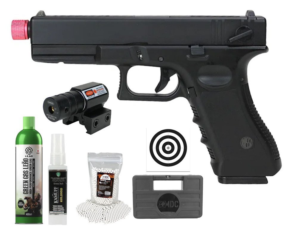 Pistola de Airsoft GK V18 G18 Green Gas Blowback 6,0mm - Rossi + GBB + BBS + Case + Alvos + Kamuff + Laser