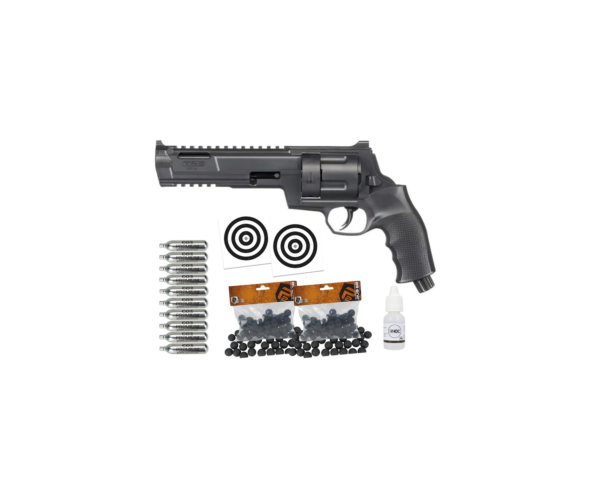 Revólver de Pressão CO2 HDR T4E TR 68 .68 GEN2 LTL Home Defense - Umarex + Co2 + Esferas de Borracha + Óleo de silicone + Alvos