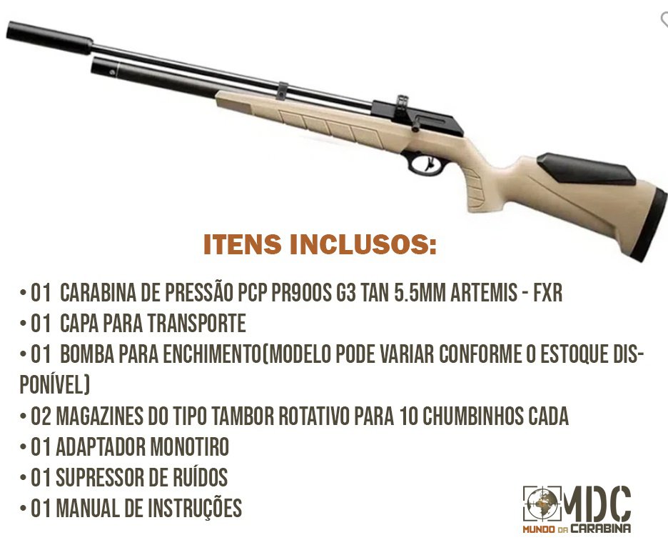 Carabina de Pressão PCP PR900T G3 TAN 5.5mm Artemis - FXR + Capa + Bomba