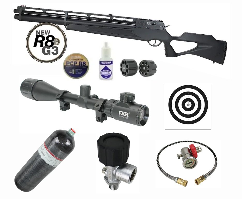 Carabina De Pressão Pcp Rossi R8 G3 Black STD 5,5mm 8 Tiros 350 M/S + Luneta 6-24x50 + Scuba 6,8L + Alvos