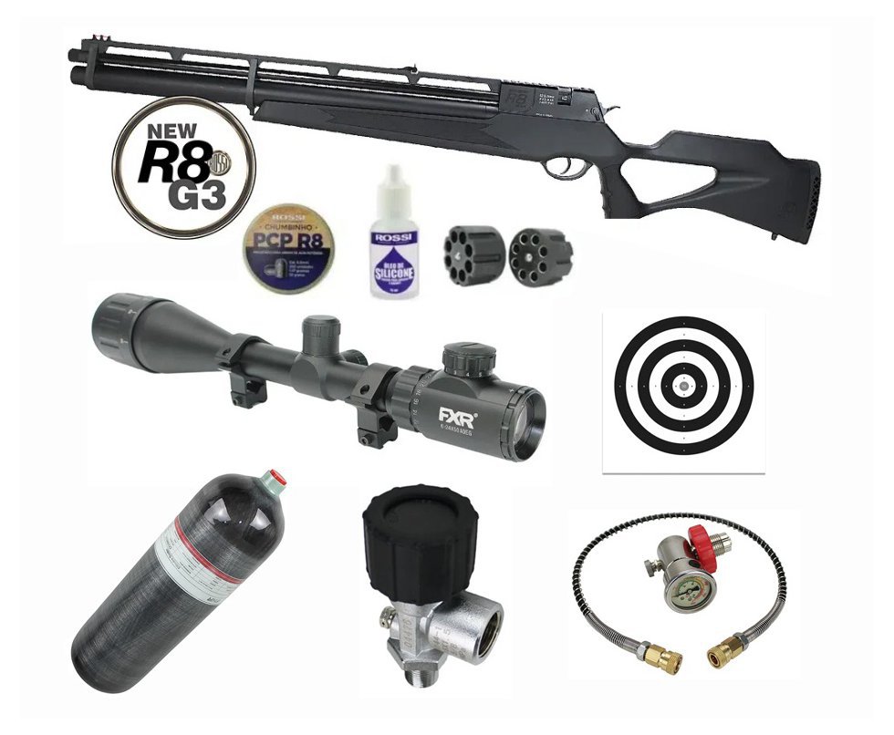 Carabina De Pressão Pcp Rossi R8 G3 Black STD 5,5mm 8 Tiros 377 M/S + Luneta 6-24x50 + Scuba 6,8L + Alvos