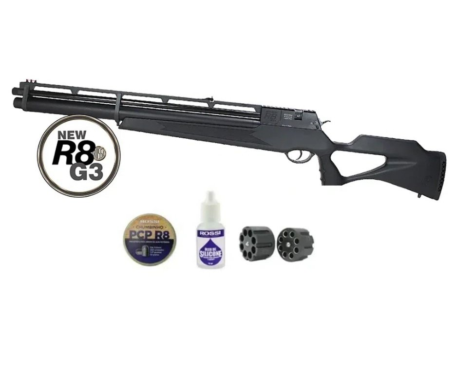 Carabina De Pressão Pcp Rossi R8 G3 Black STD 5,5mm 8 Tiros 350 M/S + Compressor KMD + Alvos