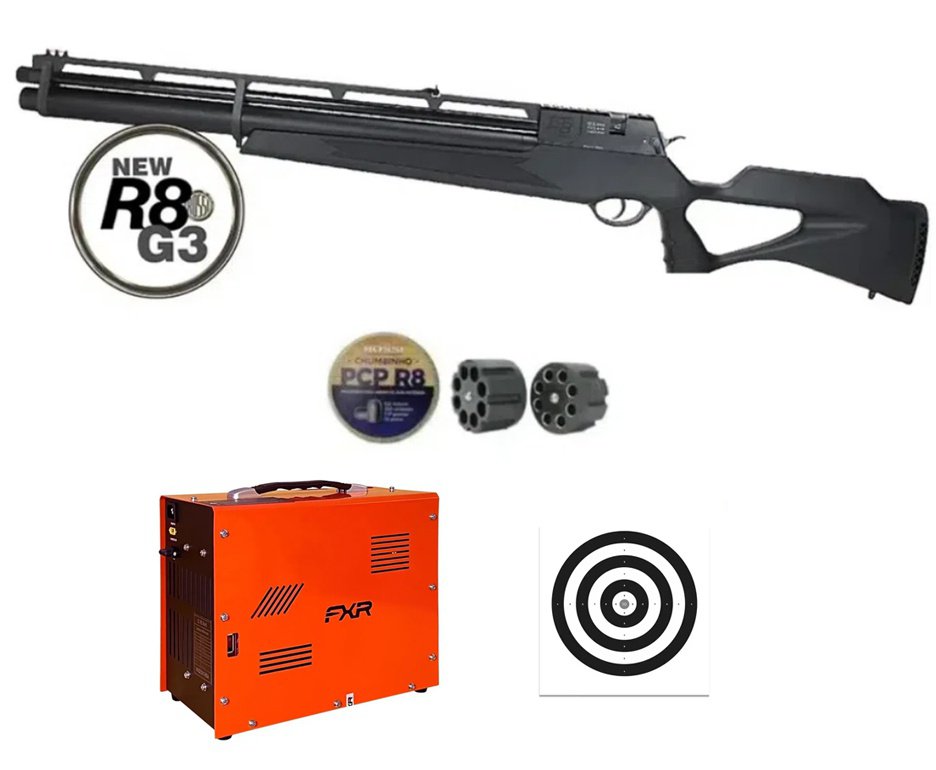 Carabina De Pressão Pcp Rossi R8 G3 Black STD 5,5mm 8 Tiros 377 M/S + Compressor Trivolt+ Alvos