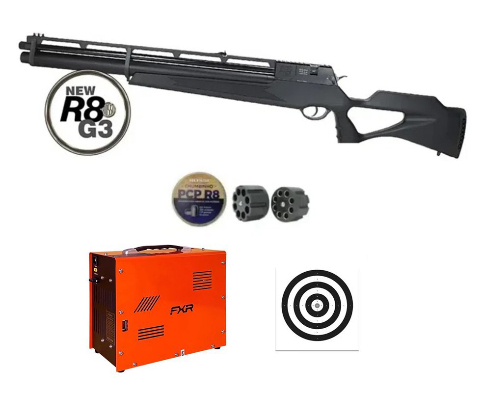 Carabina De Pressão Pcp Rossi R8 G3 Black STD 5,5mm 8 Tiros 377 M/S + Compressor Trivolt+ Alvos