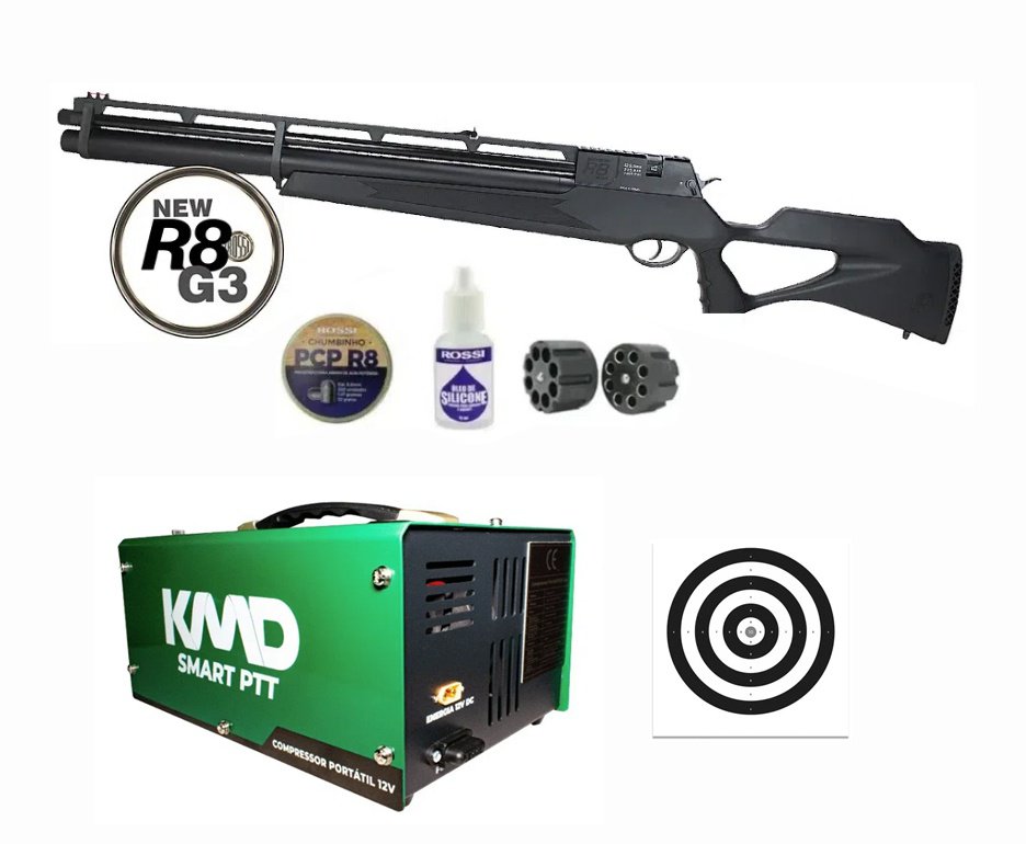 Carabina De Pressão Pcp Rossi R8 G3 Black STD 5,5mm 8 Tiros 350 M/S + Compressor KMD + Alvos