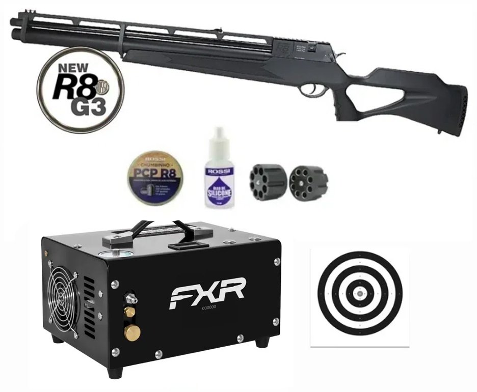 Carabina De Pressão Pcp Rossi R8 G3 Black STD 5,5mm 8 Tiros 377 M/S + Compressor KMD + Alvos