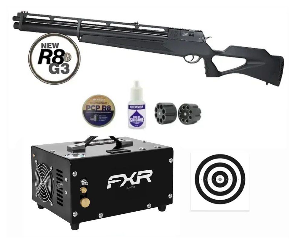 Carabina De Pressão Pcp Rossi R8 G3 Black STD 5,5mm 8 Tiros 377 M/S + Compressor Trivolt+ Alvos