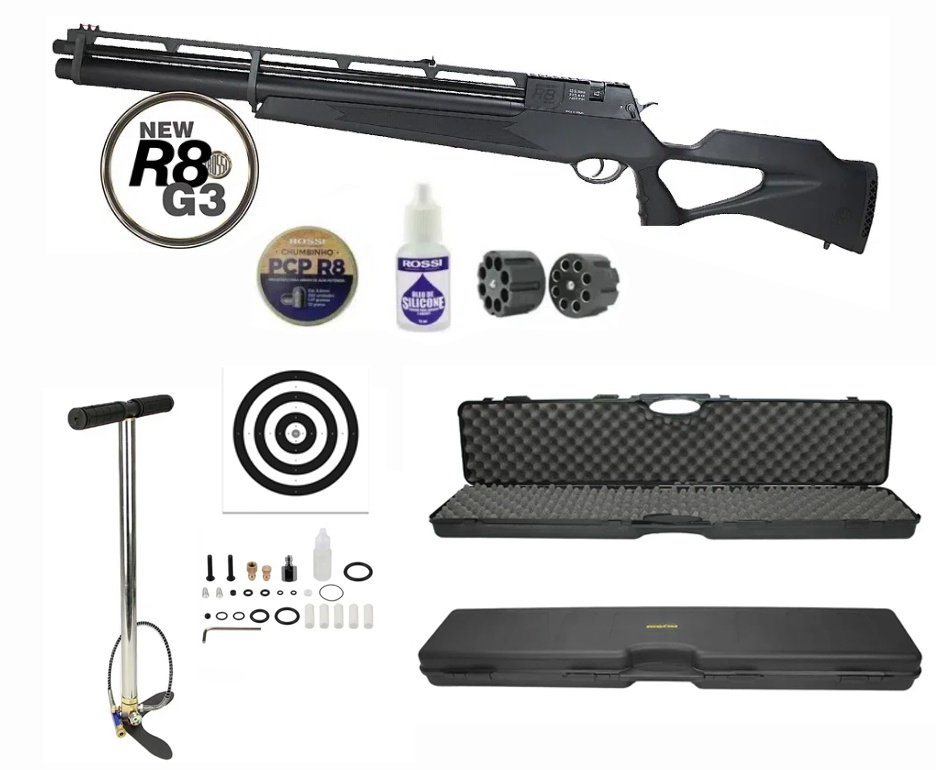 Carabina De Pressão Pcp Rossi R8 G3 Black STD 5,5mm 8 Tiros 350 M/S + Bomba + Case + Alvos