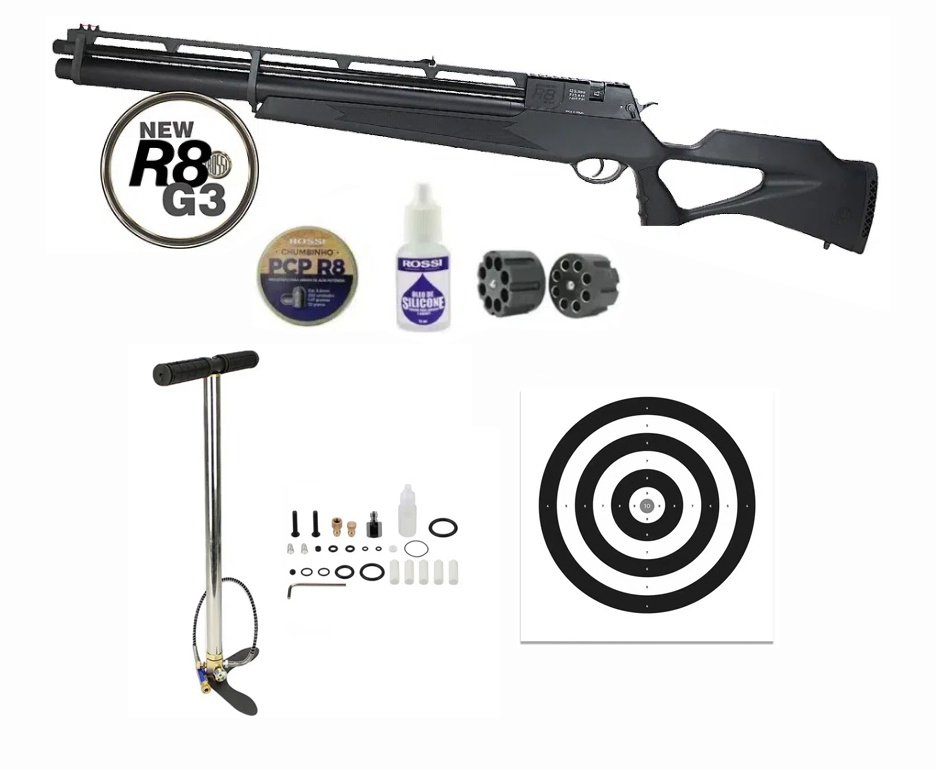 Carabina De Pressão Pcp Rossi R8 G3 Black STD 5,5mm 8 Tiros 350 M/S + Bomba + Alvos