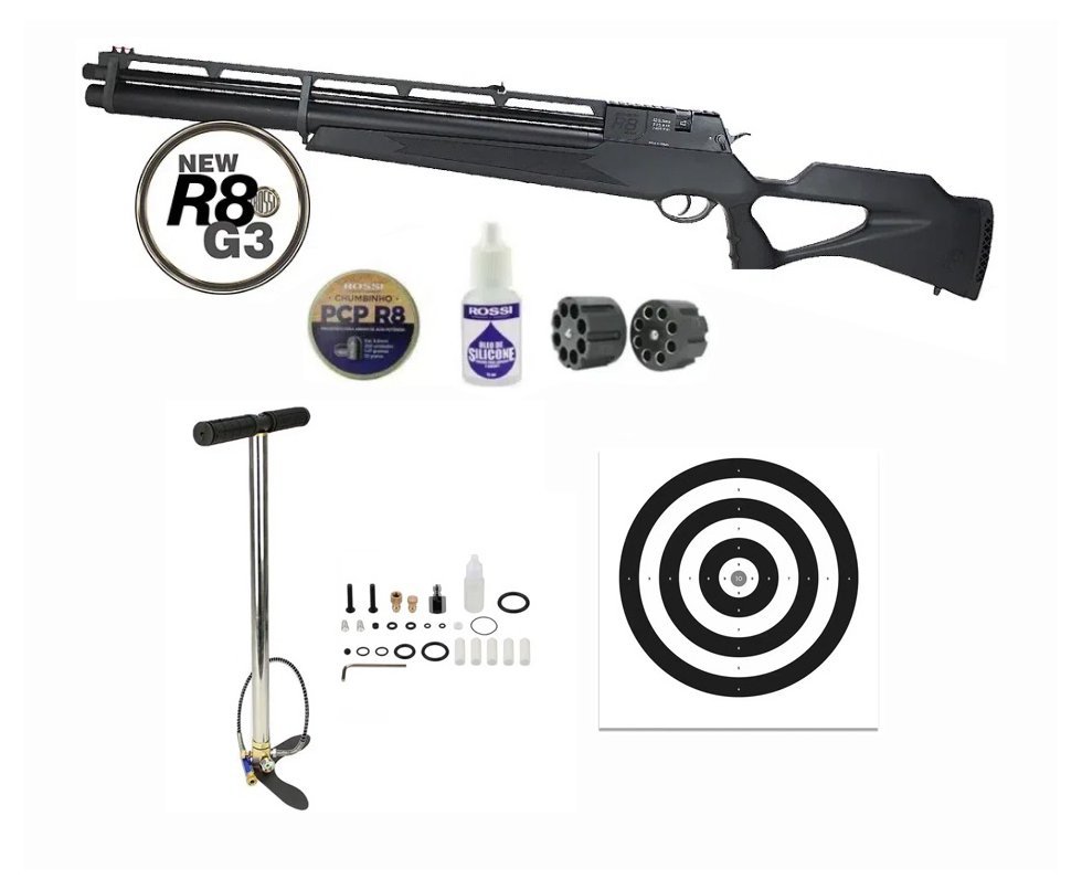 Carabina De Pressão Pcp Rossi R8 G3 Black STD 5,5mm 8 Tiros 377 M/S + Bomba + Alvos