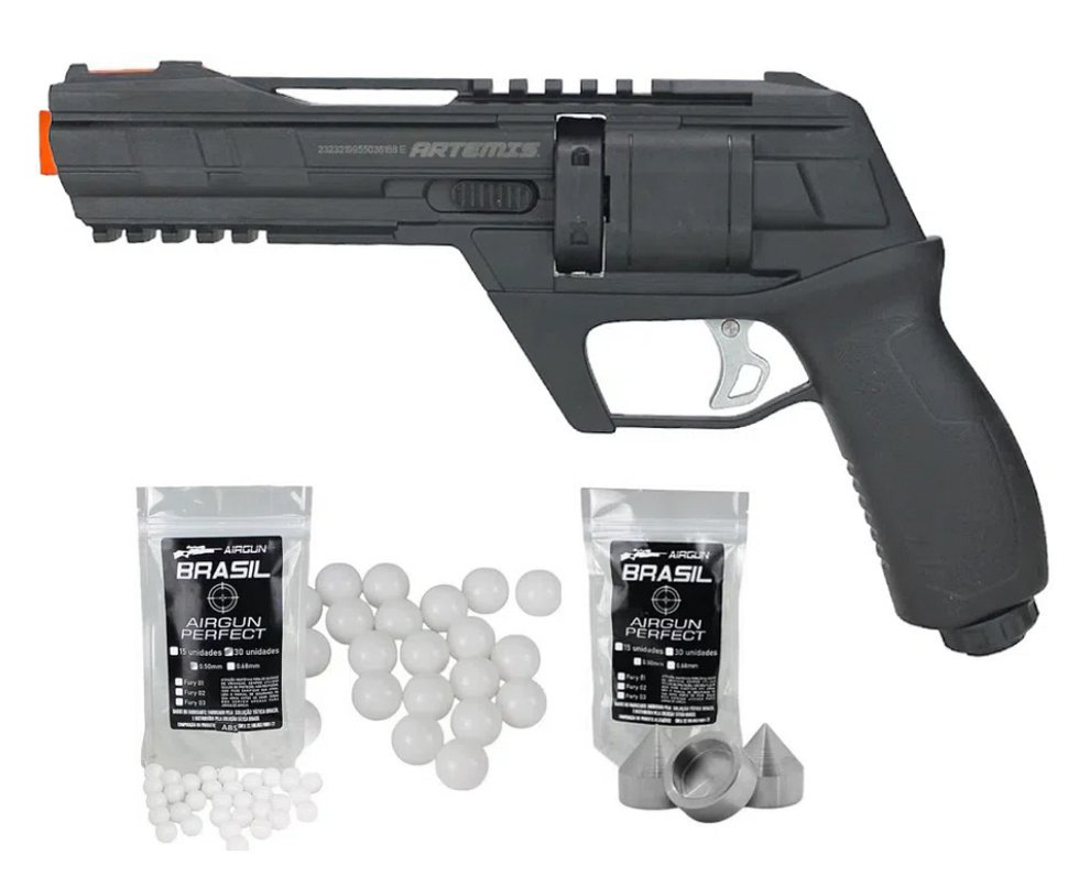 Revólver de Pressão HDR CO2 CP300 Defender .50 - Artemis + Esfera Munição BBS HDP/HDR Paintball + Munição First Strike Aluminio