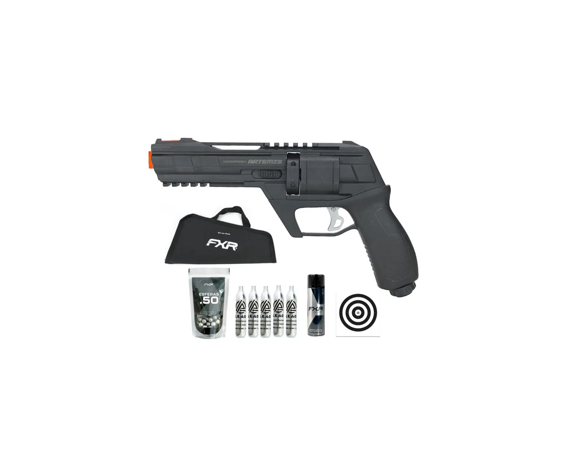 Revólver Pressão HDR CO2 CP300 Defender .50 Artemis + BBS + CO2 + Capa + Desengripante / Anticorrosivo + Alvos