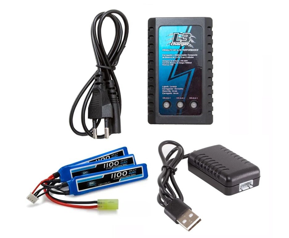 Kit Bateria Para Airsoft Lipo 11.1v/3s 1100mah (3 Pack) 20c/40c  + Carregador USB + Carregador Lipo