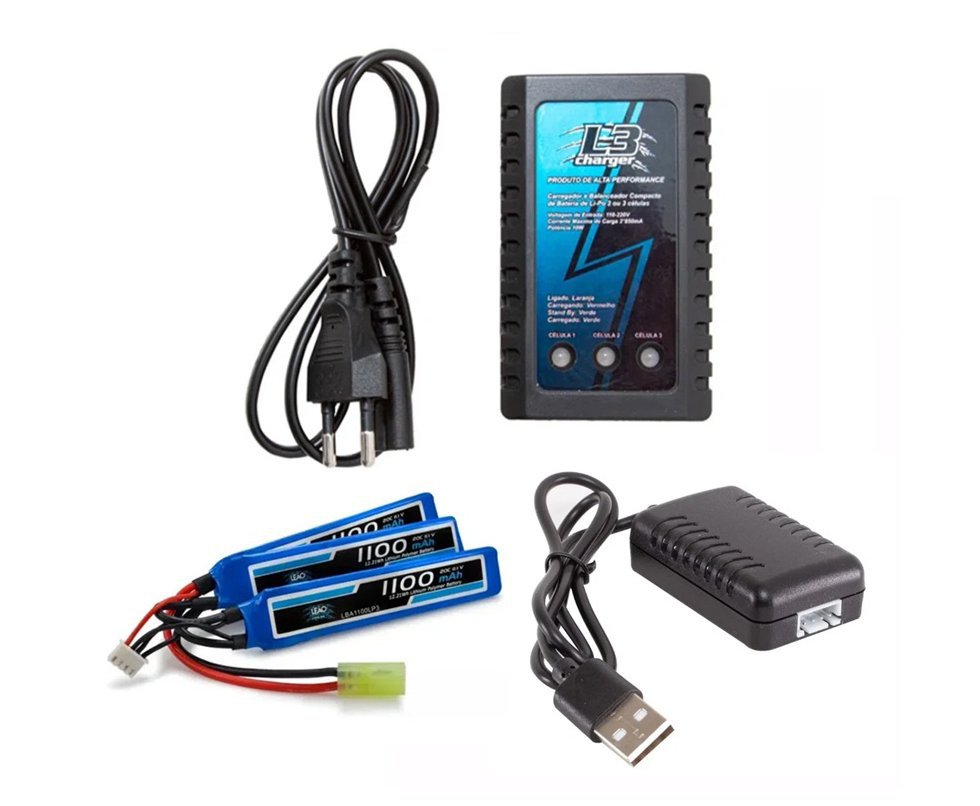 Bateria Para Airsoft Lipo 11.1v/3s - 1100mah (3 Pack) - 20c/40c + Carregador USB + Carregador Lipo