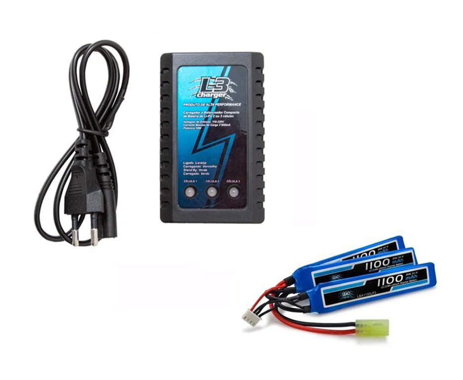 Bateria Para Airsoft Lipo 11.1v/3s 1100mah (3 Pack) 20c/40c + Carregador Lipo