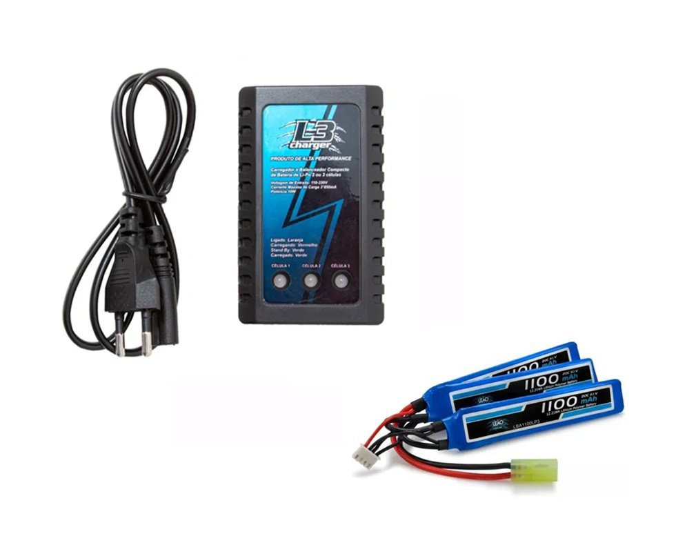 Bateria Para Airsoft Lipo 11.1v/3s 1100mah (3 Pack) 20c/40c + Carregador Lipo