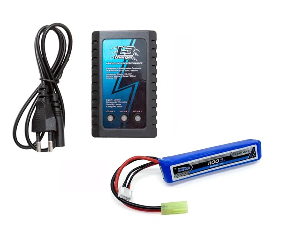 Kit Bateria Para Airsoft Lipo 11.1v/3s  1100mah 20c/40c - Leão + Carregador Lipo
