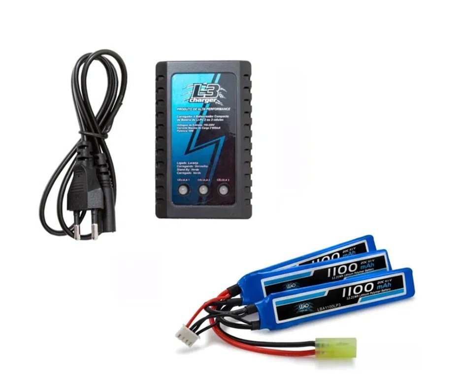 Kit Bateria Para Airsoft Lipo 11.1v/3s  1100mah 20c/40c - Leão + Carregador Lipo