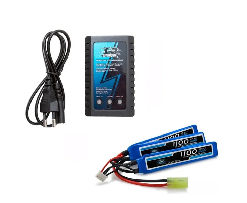 Kit Bateria Para Airsoft Lipo 11.1v/3s  1100mah 20c/40c - Leão + Carregador Lipo