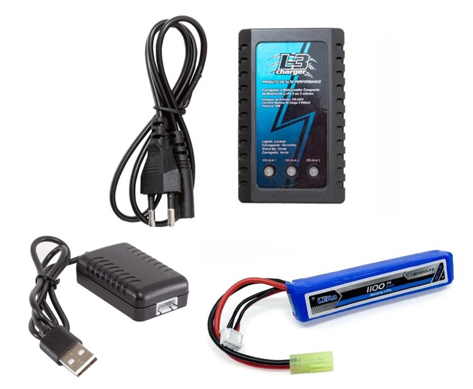 Kit Bateria Para Airsoft Lipo 11.1v/3s 1100mah 20c/40c - Leão + Carregador Lipo + Carregador USB