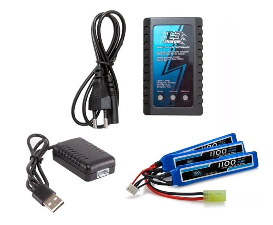 Kit Bateria Para Airsoft Lipo 11.1v/3s 1100mah 20c/40c - Leão + Carregador Lipo + Carregador USB