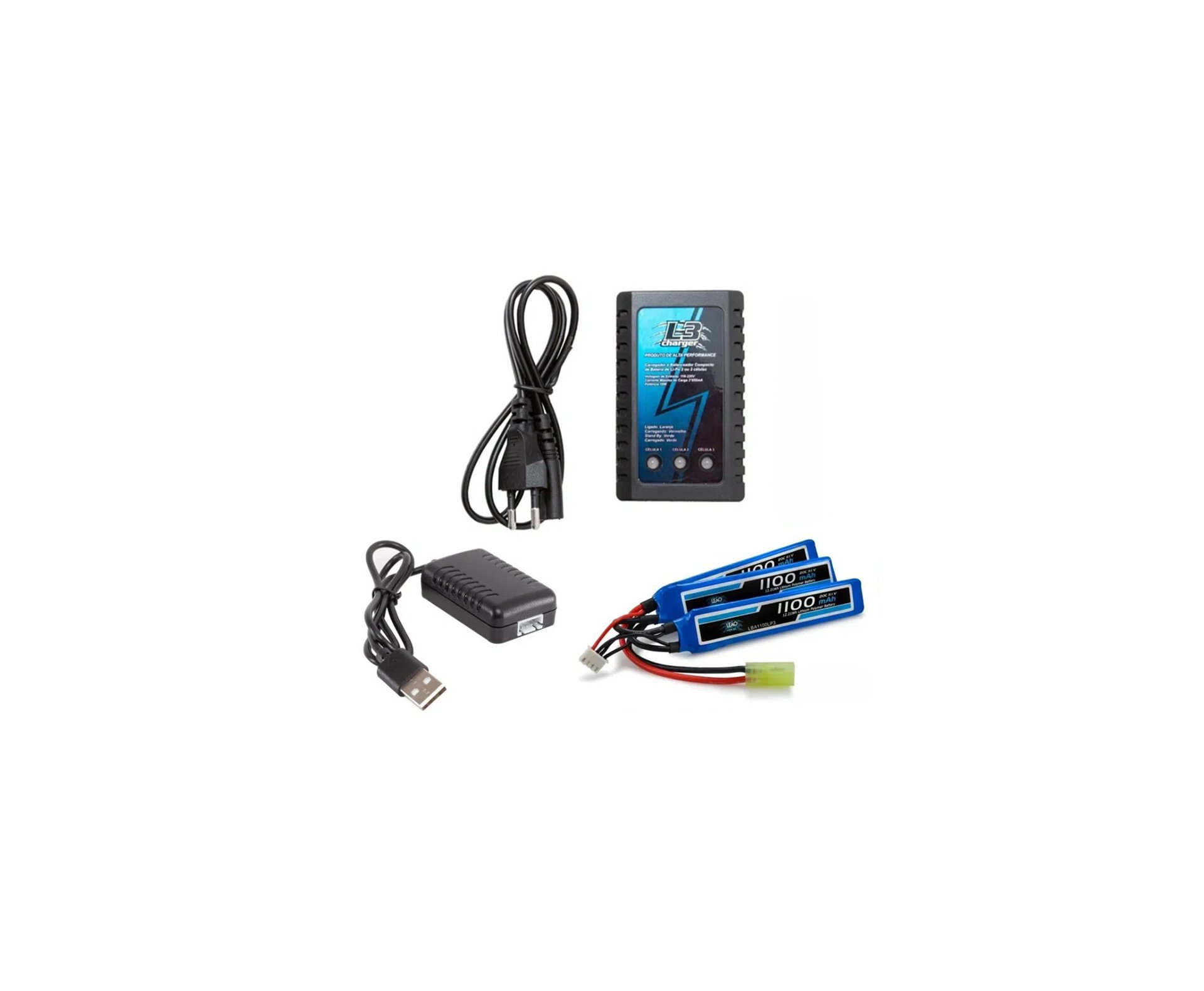 Kit Bateria Para Airsoft Lipo 11.1v/3s 1100mah 20c/40c - Leão + Carregador Lipo + Carregador USB