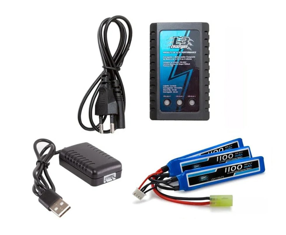 Kit Bateria Para Airsoft Lipo 11.1v/3s 1100mah 20c/40c - Leão + Carregador Lipo + Carregador USB