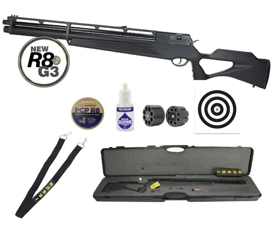 Carabina De Pressão PCP Rossi R8 G3 Black STD 6.35mm 8 Tiros + Case DELUXE