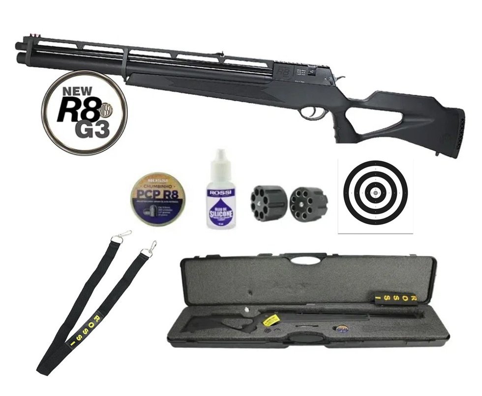 Carabina De Pressão PCP Rossi R8 G3 Black STD 6.35mm 8 Tiros + Case DELUXE