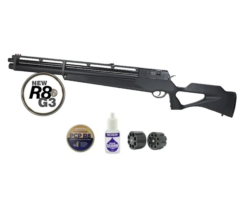 Carabina De Pressão PCP Rossi R8 G3 Black STD 6.35mm 8 Tiros + Case DELUXE