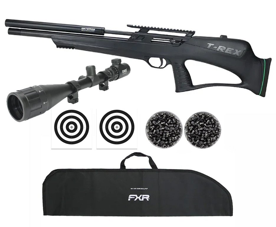 Carabina de Pressão PCP Artemis T-REX Bullpup 5,5mm com Válvula Reguladora - Fixxar + Capa FXR + Chumbos + Alvos + Luneta 6-24x50