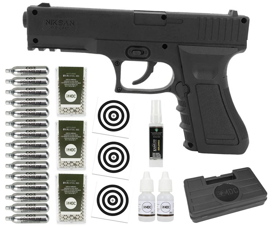 Pistola de Pressão CO2 NBB NKS CP17 4,5 + Co2 + Bbs + Case + Alvos + Kamuff + Óleo