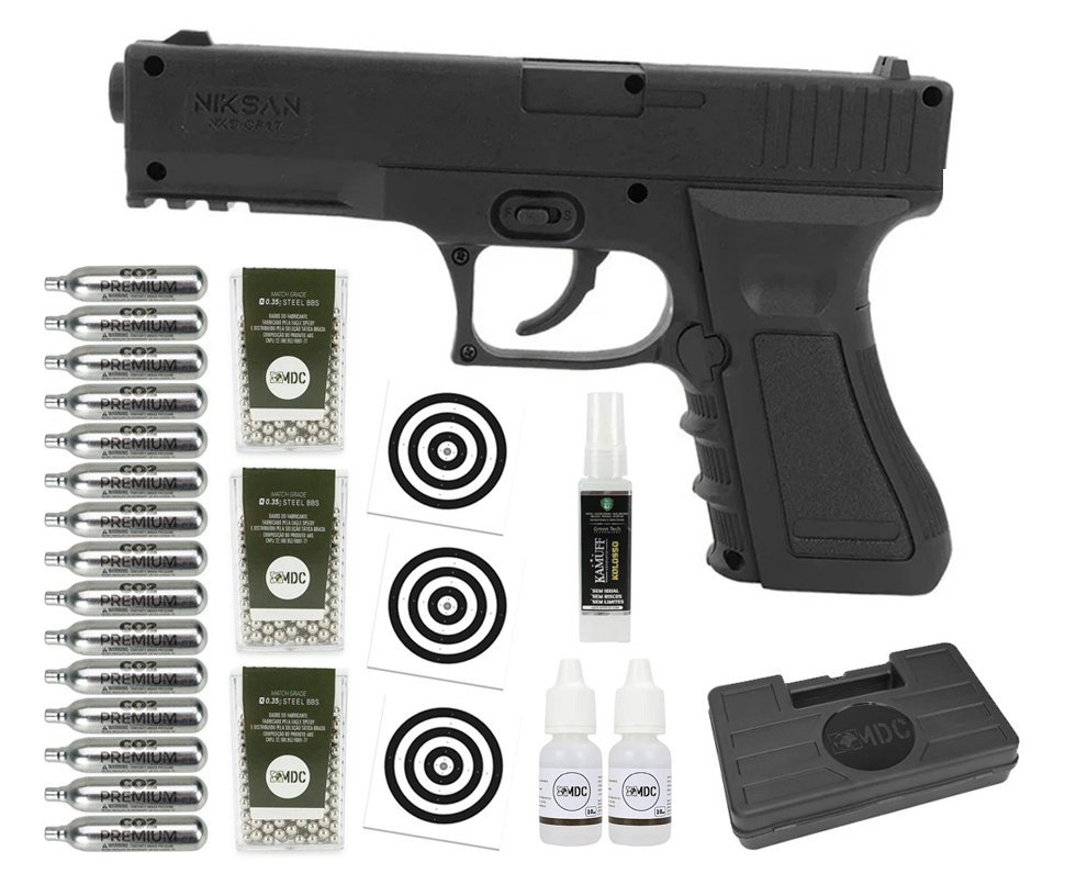 Pistola de Pressão CO2 NBB NKS CP17 4,5 + Co2 + Bbs + Case + Alvos + Kamuff + Óleo