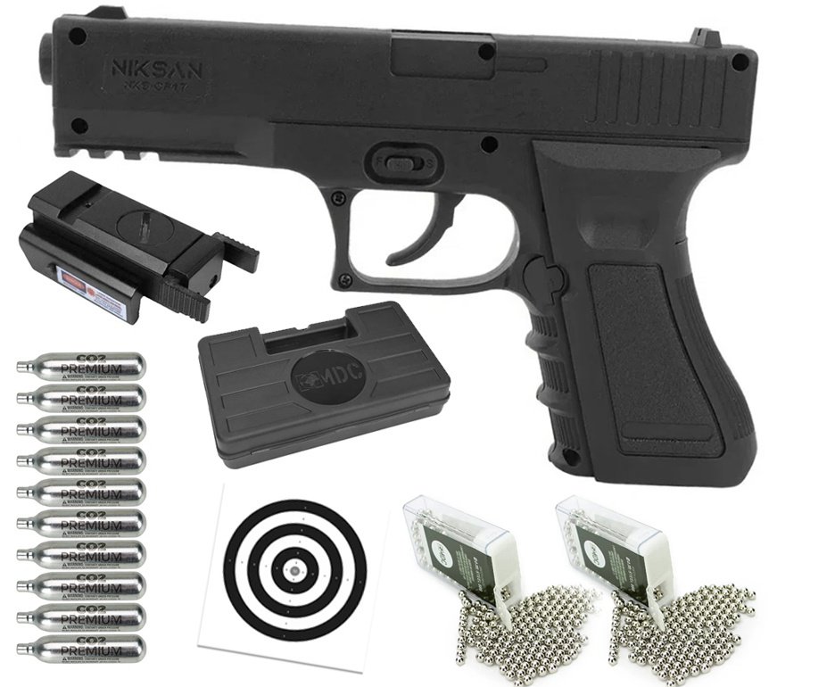 Pistola de Pressão CO2 NBB NKS CP17 4,5 + Co2 + Bbs + Case + Alvos + Kamuff + Óleo + Laser
