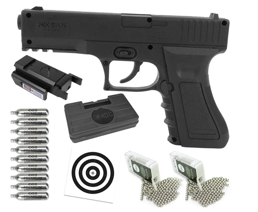 Pistola de Pressão CO2 NBB NKS CP17 4,5 + Co2 + Bbs + Case + Alvos + Kamuff + Óleo + Laser