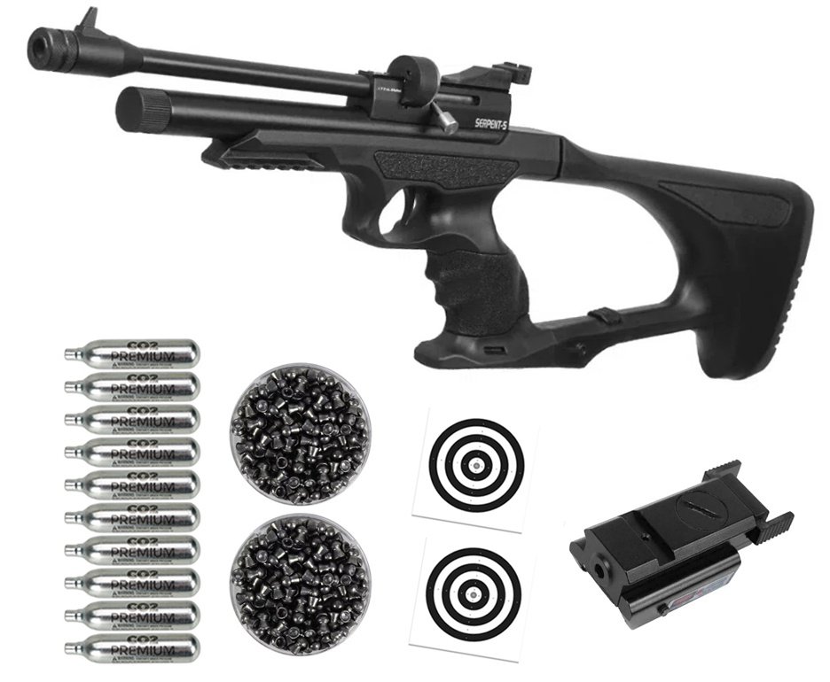 Pistola de Pressão Carbine Híbrida CO2 Serpent-S 5.5 + Co2 + Chumbo + Alvos + Laser