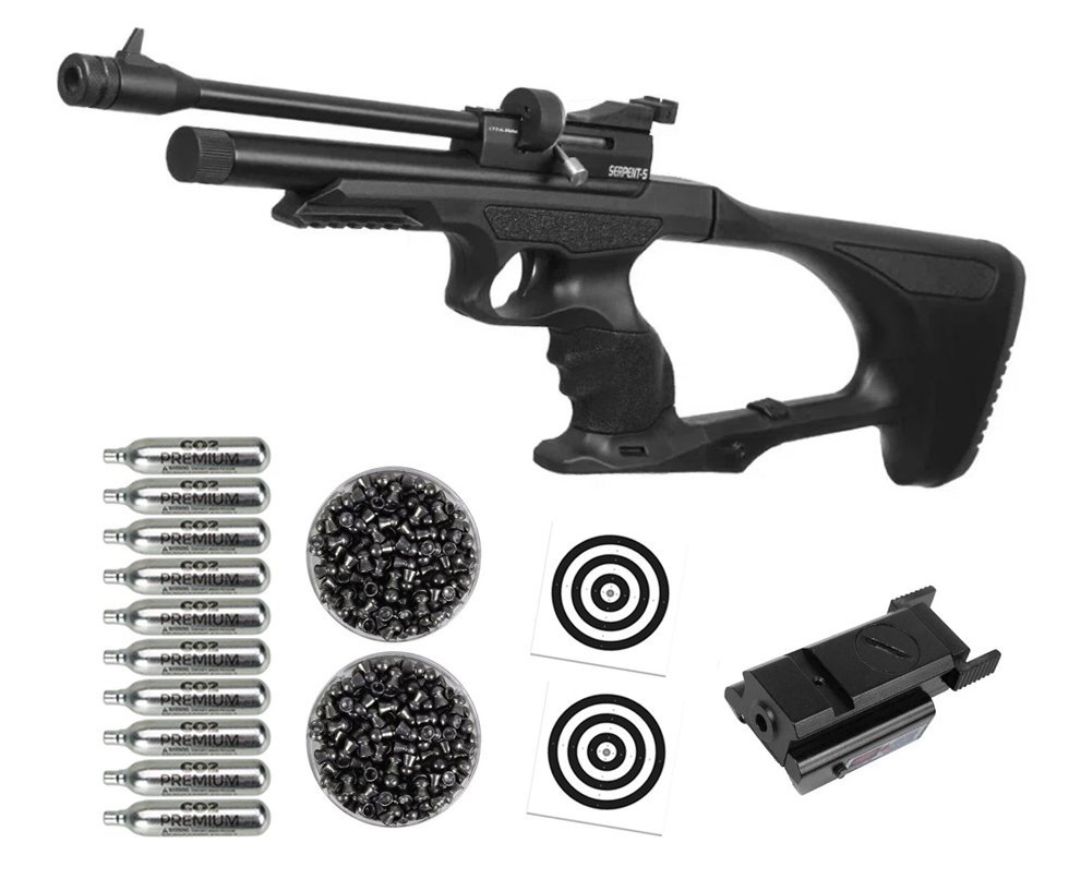Pistola de Pressão Carbine Híbrida CO2 Serpent-S 5.5 + Co2 + Chumbo + Alvos + Laser