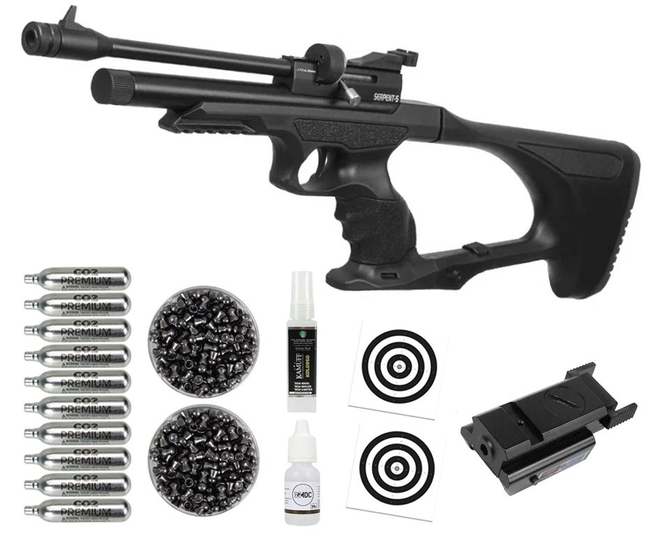 Pistola de Pressão Carbine Híbrida CO2 Serpent-S 5.5 + Co2 + Chumbo + Alvos + Laser + Kamuff + Óleo