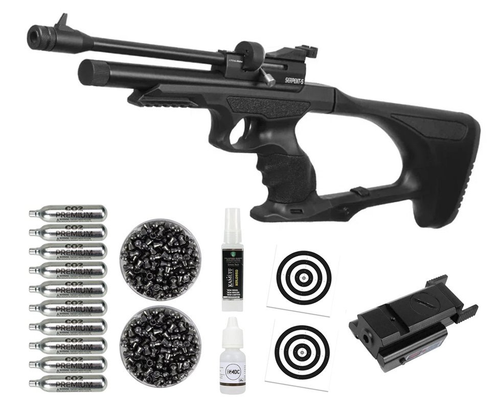 Pistola Carabina de Pressão Carbine Híbrida CO2 Serpent-S 5.5 + Co2 + Chumbo + Alvos + Laser + Kamuff + Óleo
