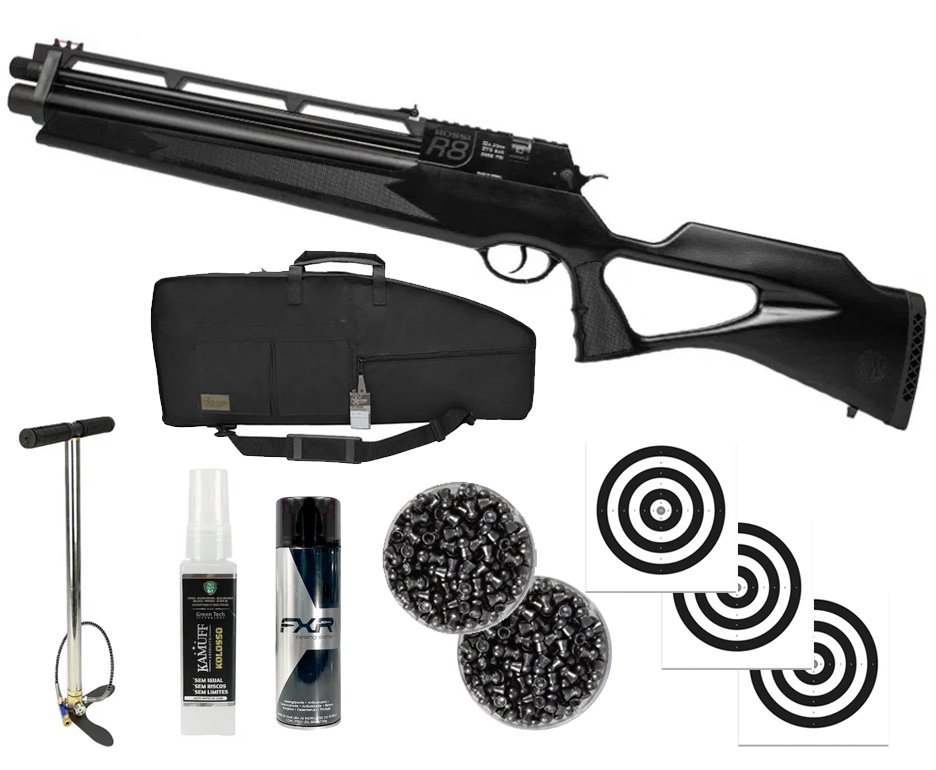 Carabina PCP Rossi R8 Short 6,35mm Big Bore + Bomba + Chumbo + Case/Capa Premium + Alvos + Kamuff + Desengripante/Anticorrosivo