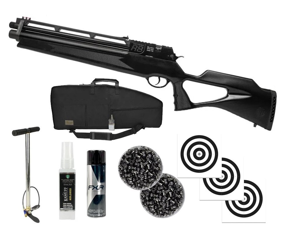 Carabina PCP Rossi R8 Short 6,35mm Big Bore + Bomba + Chumbo + Case/Capa Premium + Alvos + Kamuff + Desengripante/Anticorrosivo