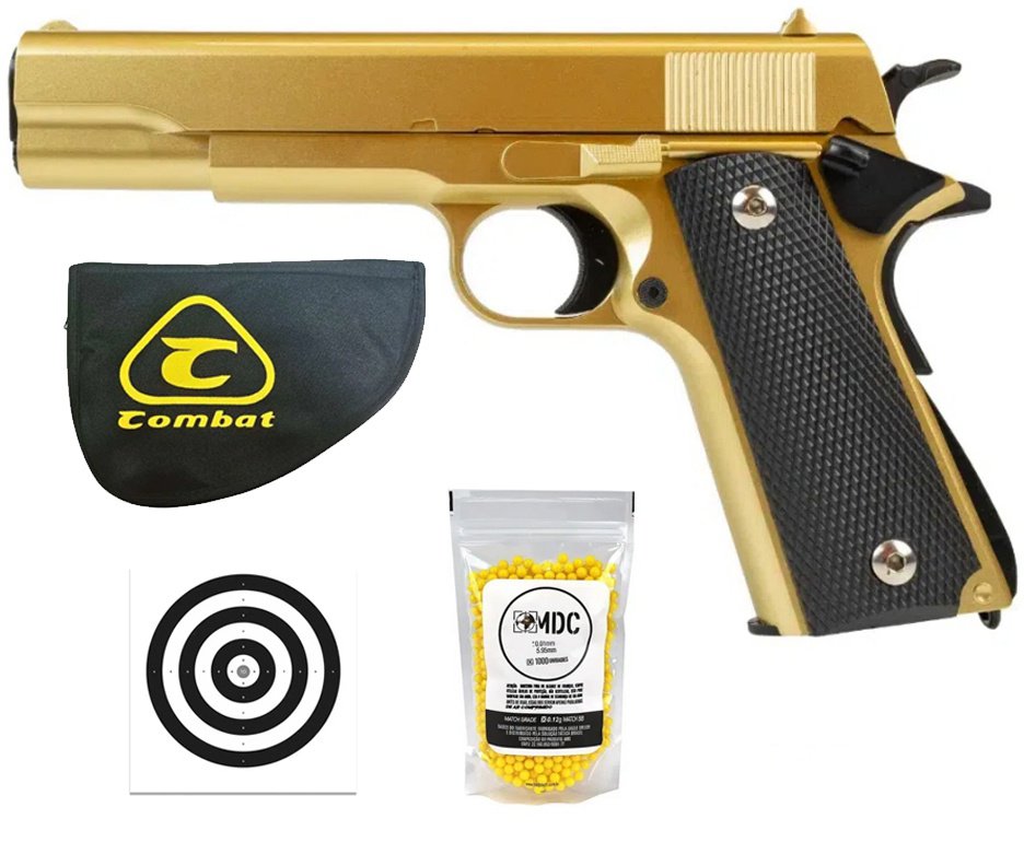 Pistola de Airsoft VG 1911-V14 Gold Mola 6mm - Rossi + Capa + BBS + Alvos