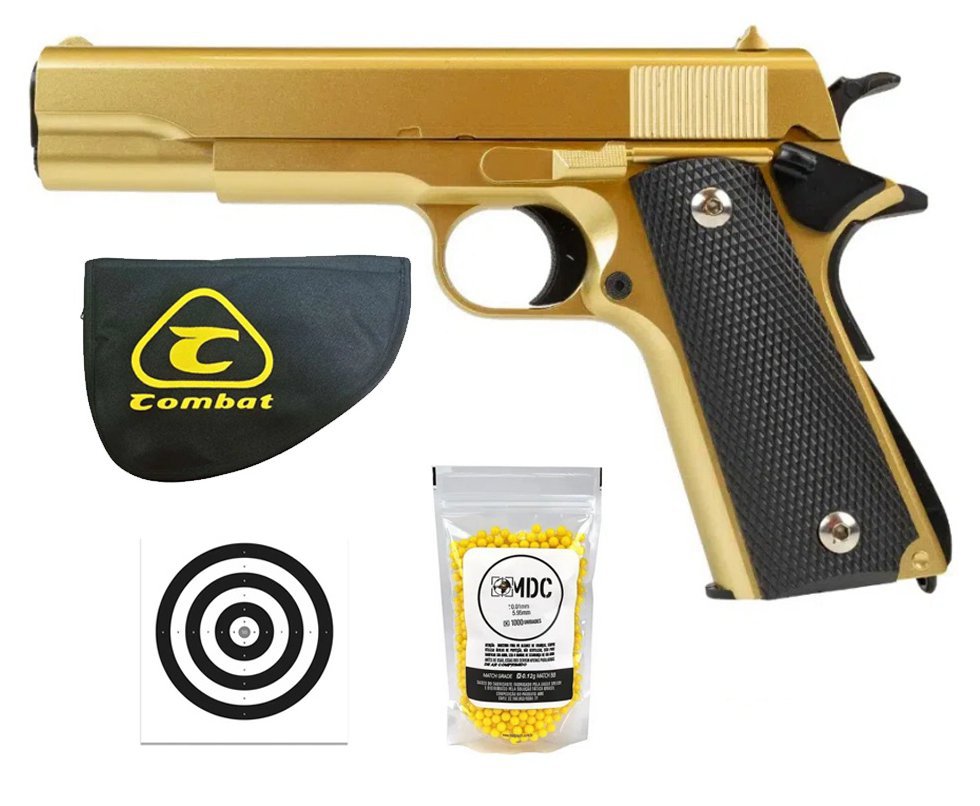 Pistola de Airsoft VG 1911-V14 Gold Mola 6mm - Rossi + Capa + BBS + Alvos