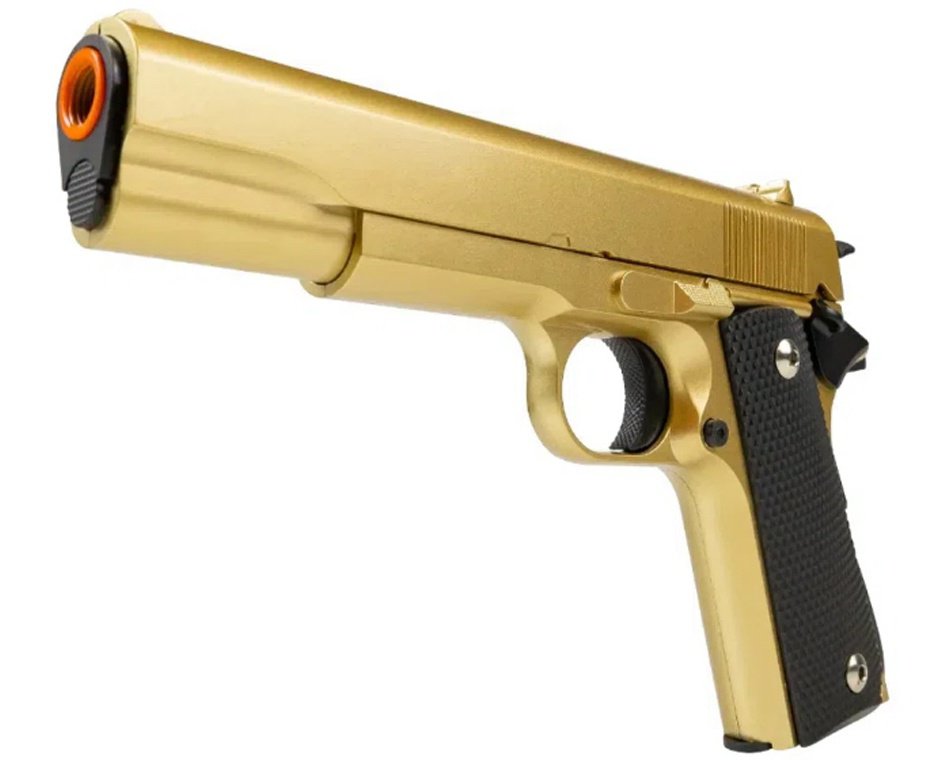 Pistola de Airsoft VG 1911-V14 Gold Mola 6mm - Rossi + Capa + BBS + Alvos