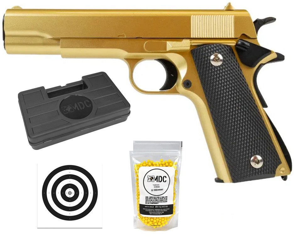 Pistola de Airsoft VG 1911-V14 Gold Mola 6mm - Rossi + Case + BBS + Alvos