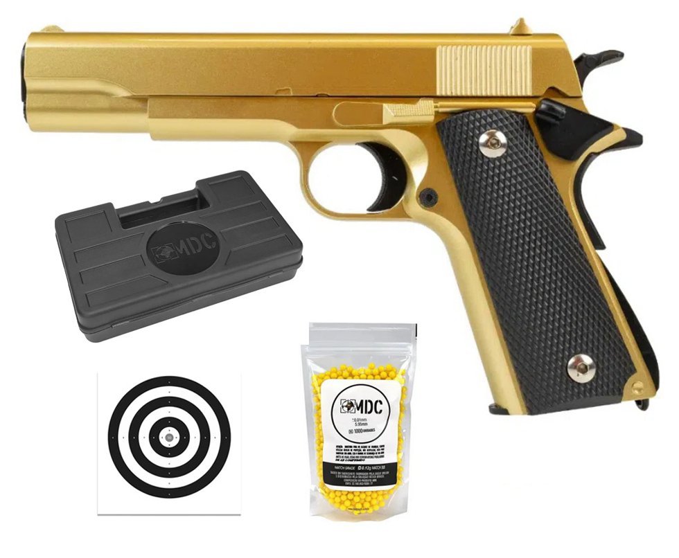 Pistola de Airsoft VG 1911-V14 Gold Mola 6mm - Rossi + Case + BBS + Alvos