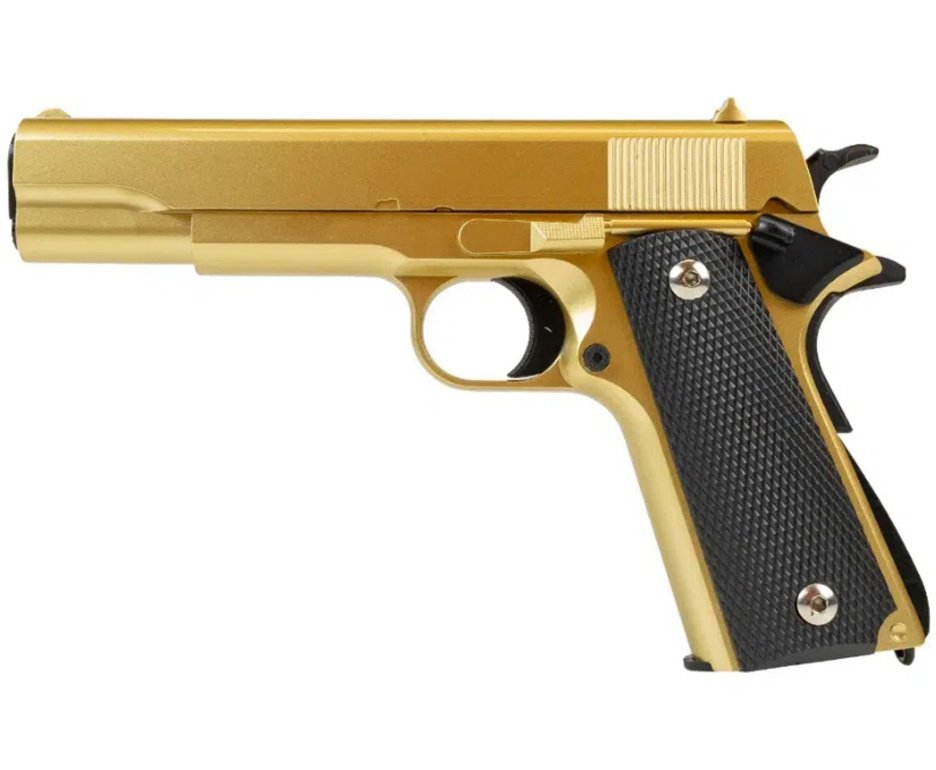 Pistola de Airsoft VG 1911-V14 Gold Mola 6mm - Rossi + Capa/Coldre + BBS + Alvos