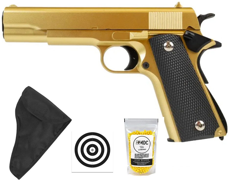 Pistola de Airsoft VG 1911-V14 Gold Mola 6mm - Rossi + Capa/Coldre + BBS + Alvos